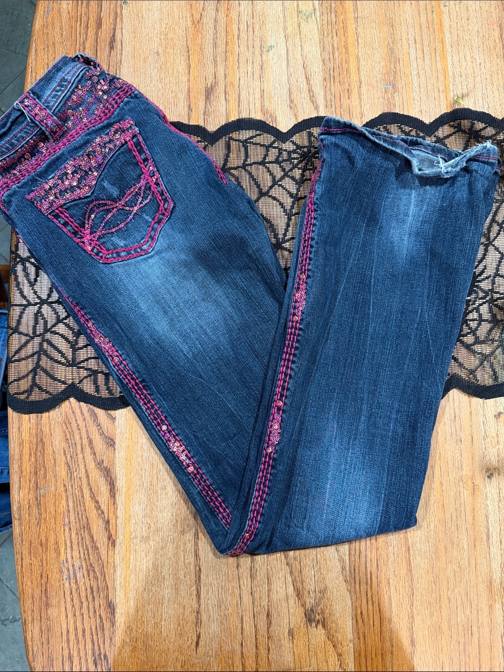 Cowgirl Tuff Dark Blue Jeans with Pink Embroidery Trim